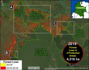 Protected Areas Zoom Map. Deforestation in four protected areas of the Colobian Amazon. Data- UMD:GLAD, Hansen:UMD:Google:USGS:NASA, RUNAP, RAISG