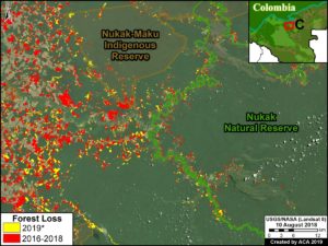 Zoom C. Deforestation in Nukak National Reserve *through July 25, 2019. Data- UMD:GLAD, Hansen:UMD:Google:USGS:NASA, RUNAP, RAISG.jpg