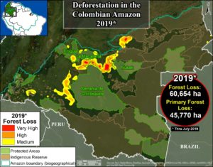 Base Map. Deforestation hotspots in Colombian Amazon. Data- UMD:GLAD, RUNAP, RAISG