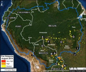 Base Map. Updated Amazon fire hotspots map, August 20-26, 2019. Red, Orange, and Yellow indicate the highest concentrations of fire, as detected by NASA satellites that detect fires at 375 meter resolution. Data. VIIRS/NASA, MAAP.