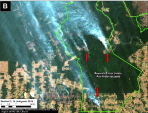 Zoom B. Fire in a protected area in Amazonas state. Data- ESA