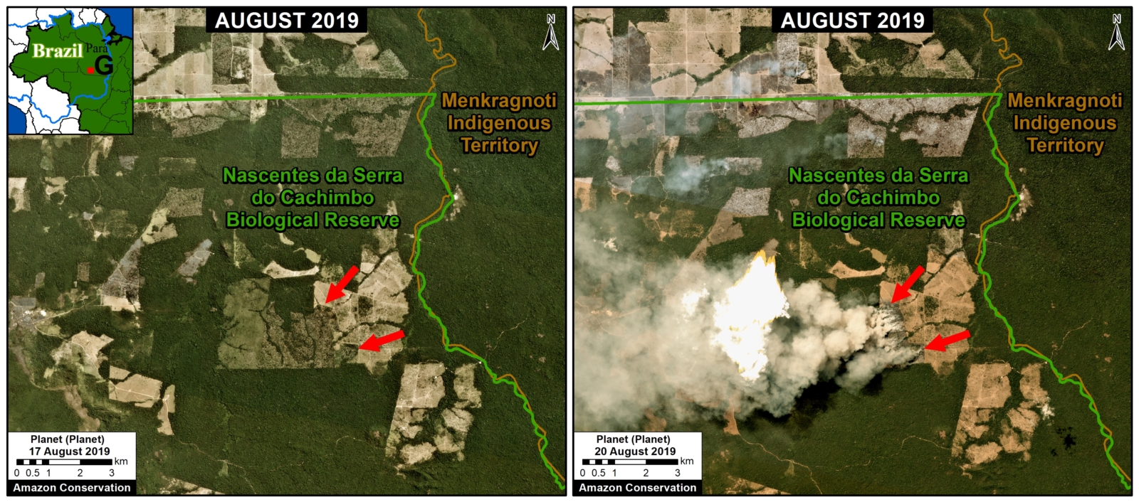 Zoom G. Fires at the agriculture-forest boundary within a protected area in Pará state