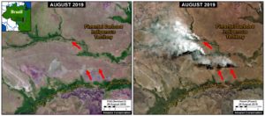 Zoom I. Fires within an Indigenous Territory at the drier southern edge of the Amazon Basin. Data- Planet