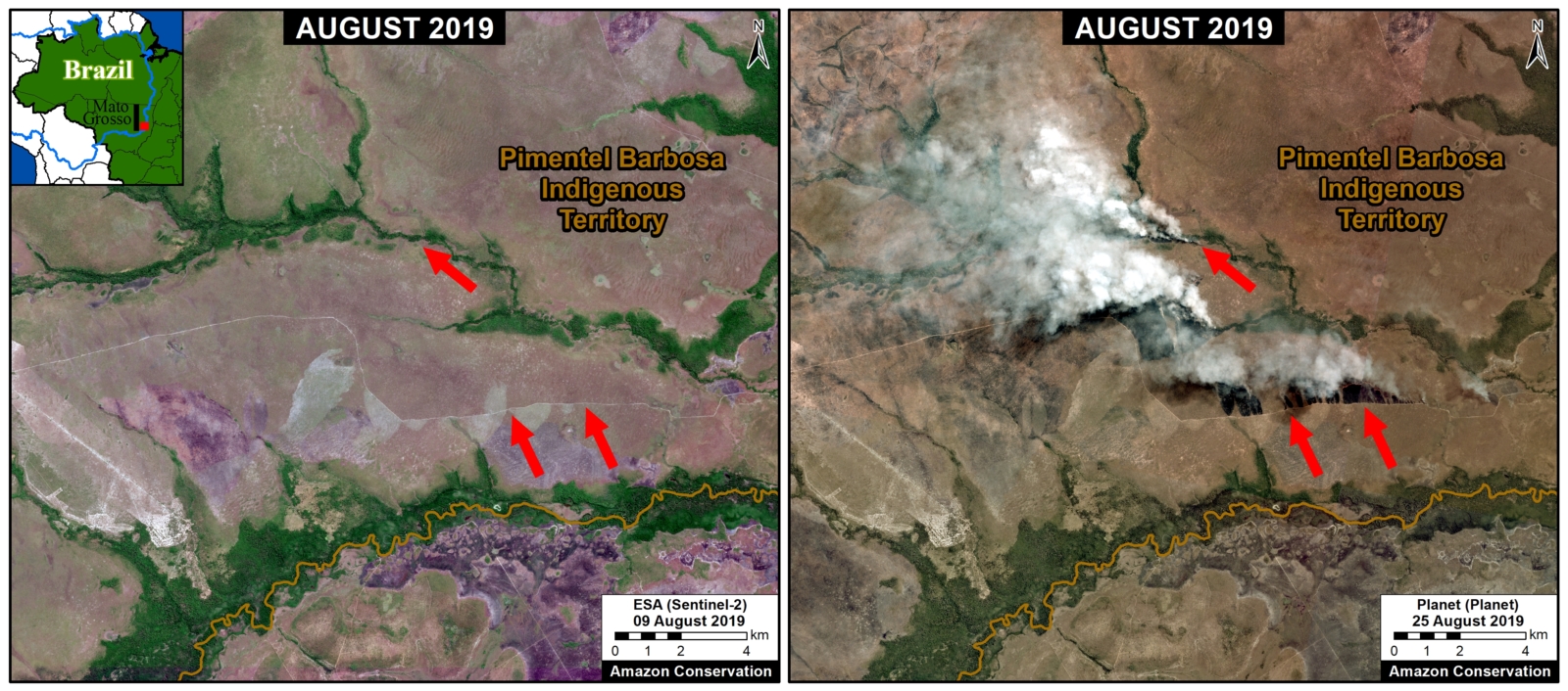 Zoom I. Fires within an Indigenous Territory at the drier southern edge of the Amazon Basin. Data- Planet