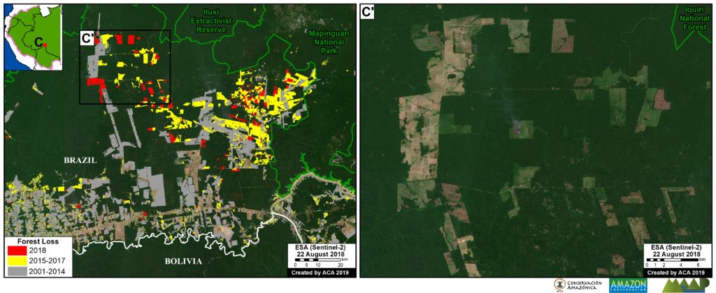 Zoom C. Brazil, Bolivia border. Data: Hansen/UMD/Google/USGS/NASA, ESA, RAISG