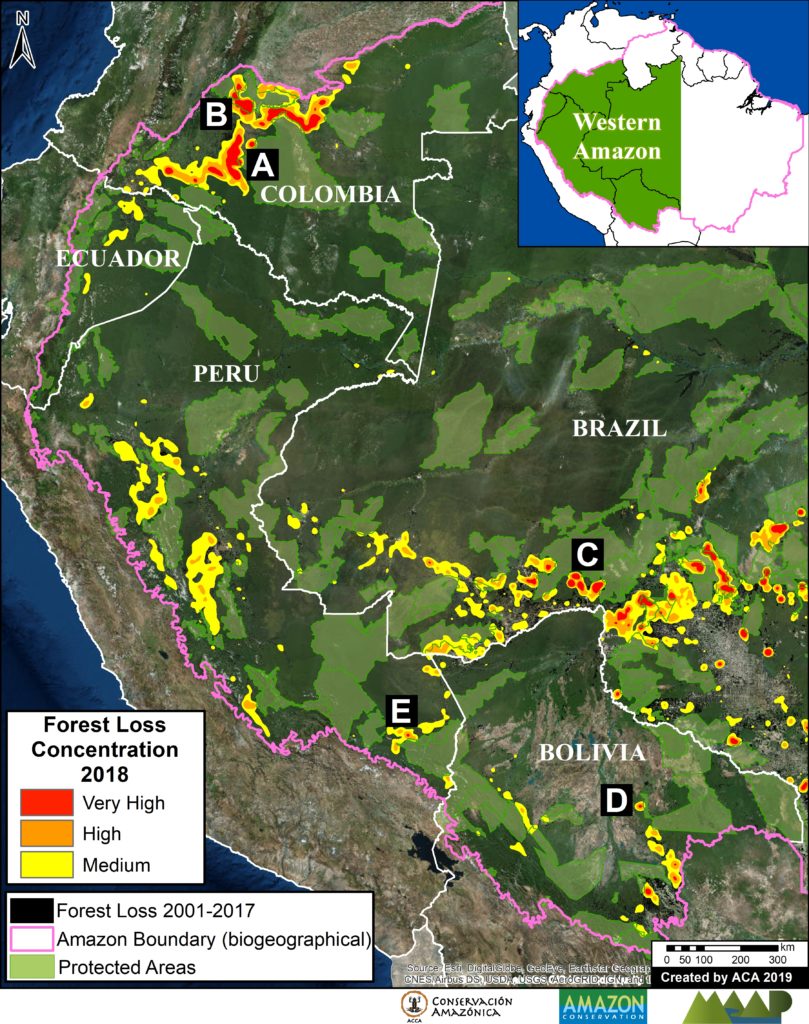 Base Map. Deforestation Hotspots in the western Amazon. Data: Hansen/UMD/Google/USGS/NASA, GFW, SERNANP, SNAP, SINAP, SERNAP, RAISG