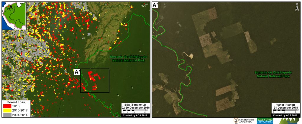 Zoom A. Colombia-Chiribiquete. Data: Hansen/UMD/Google/USGS/NASA, SINAP, Planet, ESA