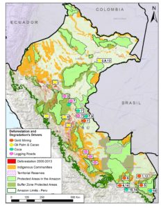 Image S1a. Recent patterns and drivers of deforestation in the Peruvian Amazon. Numbers indicate relevant MAAP article. Data: SERNANP, IBC, MINAM-PNCB/MINAGRI-SERFOR, MAAP.