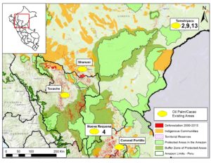 Image S1b. Large-scale agriculture deforestation in the northern Peruvian Amazon. Numbers indicate relevant MAAP article. Data: SERNANP, IBC, MINAM-PNCB/MINAGRI-SERFOR, MAAP.