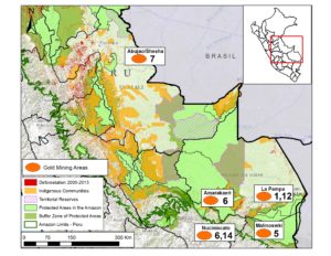 Image S1c. Gold mining deforestation in the Peruvian Amazon. Numbers indicate relevant MAAP article. Data: SERNANP, IBC, MINAM-PNCB/MINAGRI-SERFOR, MAAP.