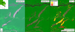 Image 25e. Deforestation for gold mining in southern Peru between September 2011 (left panel) and September 2014 (center panel) and cumulative 2012-14 (right panel). Data: USGS, PNCB/MINAM, Hansen/UMD/Google/USGS/NASA