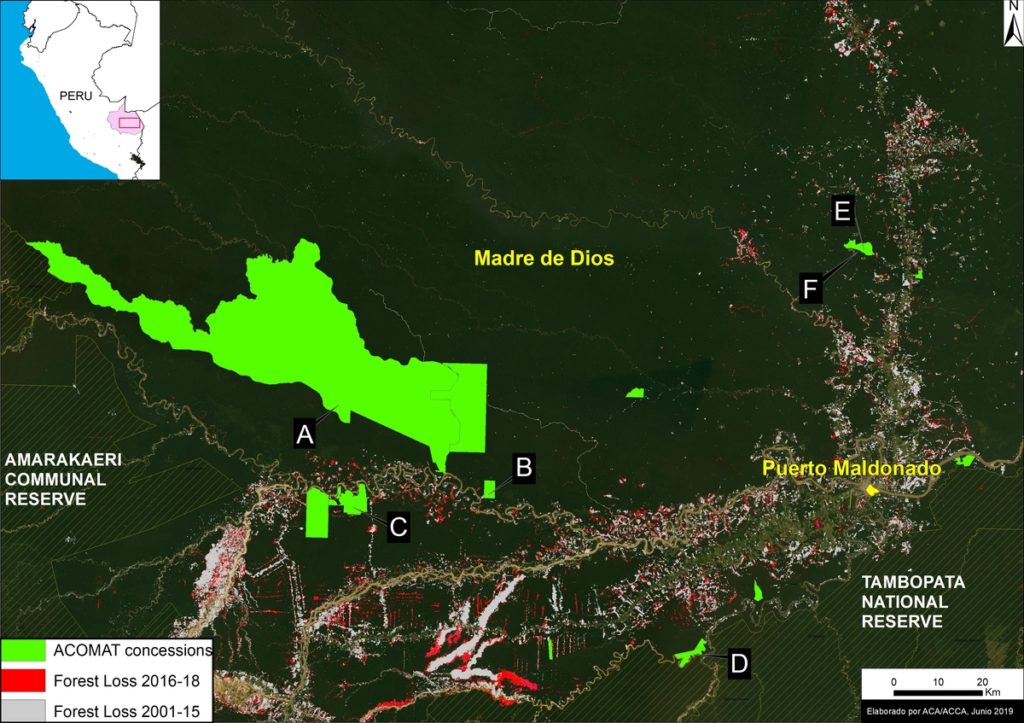 Base Map. The 6 Acomat cases (A-F) described in this report. Data- ACCA, MINAM:PNCB, SERNANP