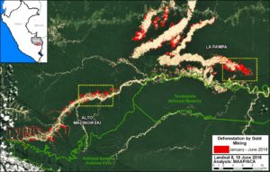 Base Map. 2018 gold mining deforestation in southern Peruvian Amazon. Data- Planet, UMD:GLAD, MINAM:PNCB