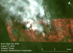 Brazilian Amazon Fire #449, burning both recently deforested area (center) and forest fire (upper center). Data: Planetscope (Planet), MAAP. Click to enlarge.