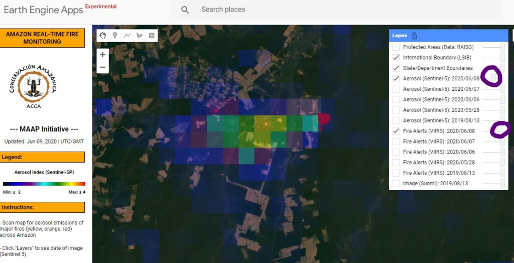 Step 2. Zoom in on the emissions, adjust the transparency to see the underlying fire alerts that indicate the fire location.