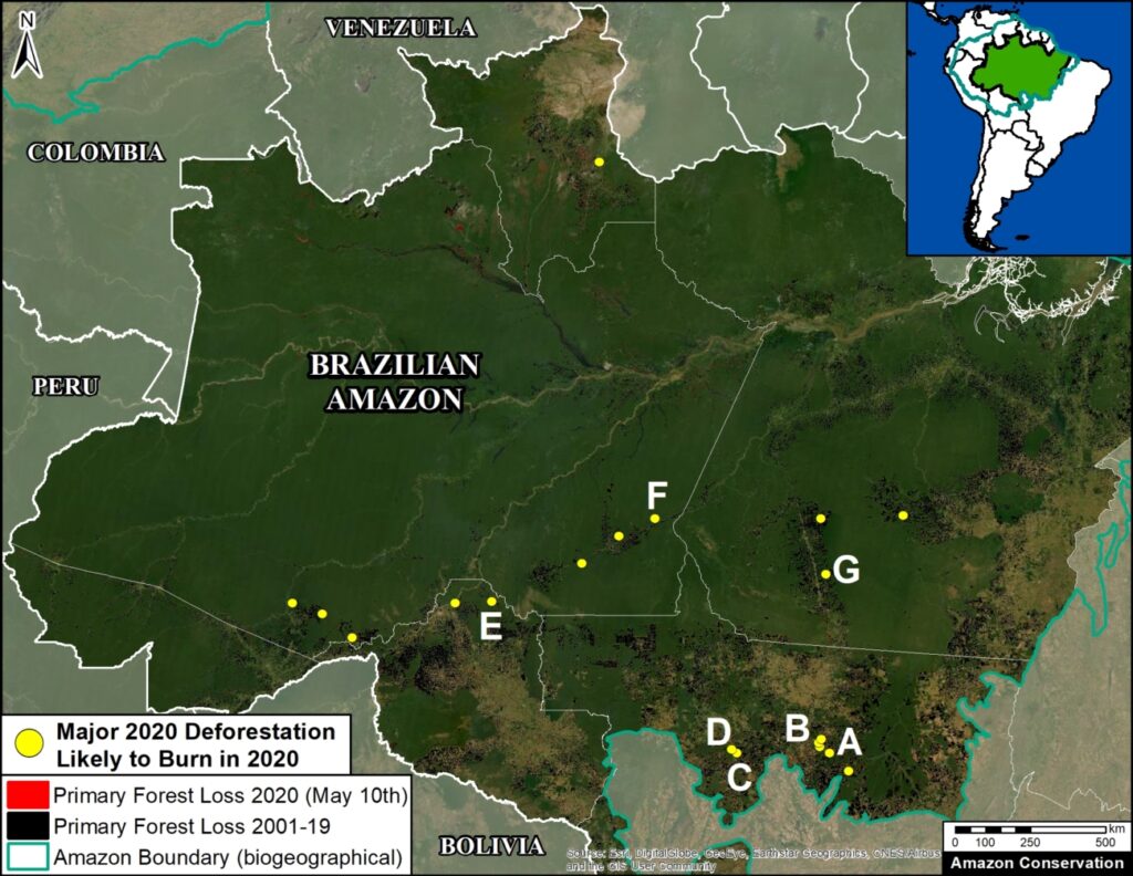 Base Map. Major 2020 deforestation events (yellow dots) as predictors of 2020 fire events. Data: Hansen/UMD/Google/USGS/NASA, UMD/GLAD, RAISG, MAAP. Click to Enlarge.