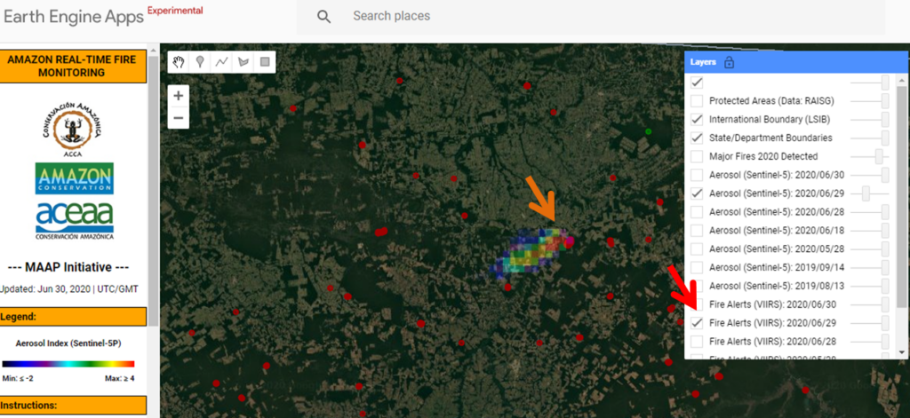 Step 3. Adjust the transparency to see the underlying fire alerts that indicate the exact location of the fires. Obtain coordinates of the source of the fires.