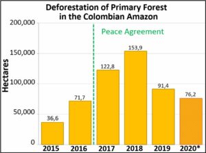 Table 1. Deforestation of primary forest in the Colombian Amazon, 2015-20. Data: Hansen/UMD/Google/USGS/NASA, UMD/GLAD. *Until May 2020