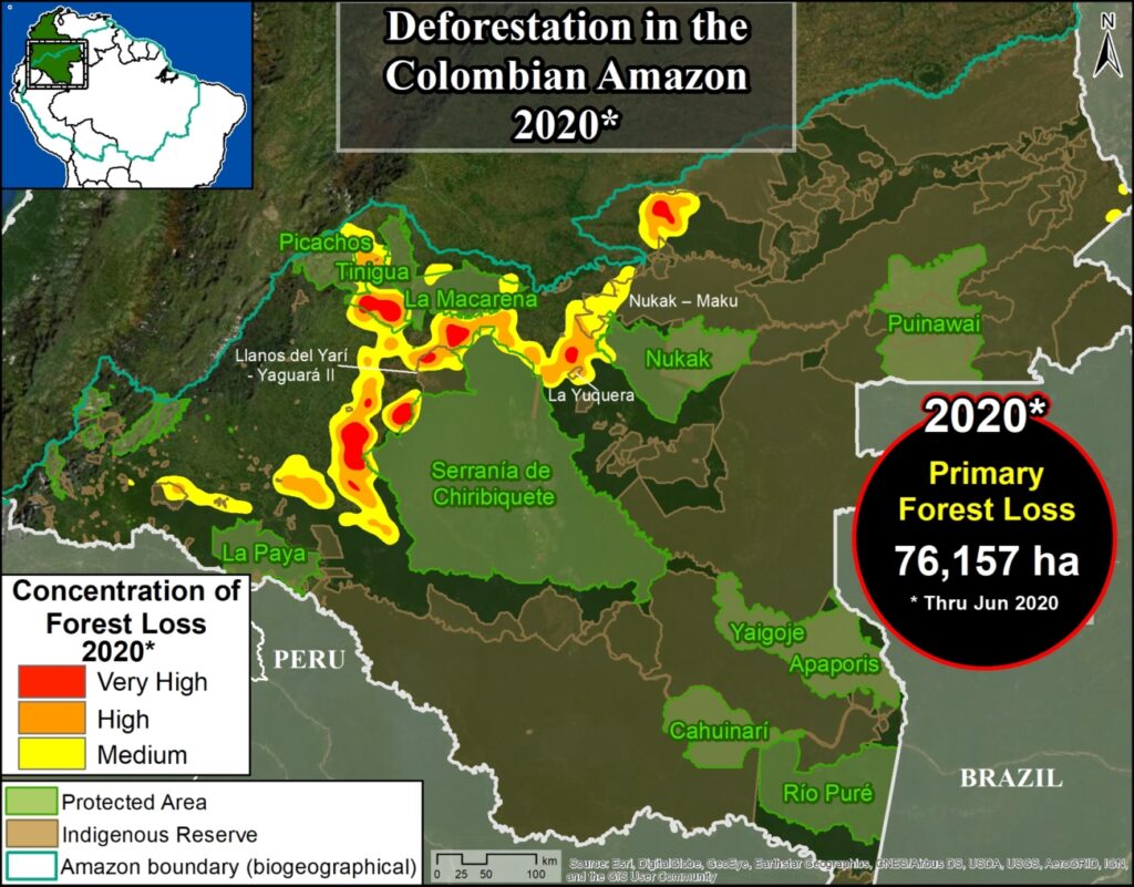 Base Map. 2020 Deforestation hotspots in the Colombian Amazon. Data: UMD/GLAD.