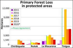 Table 2. Primary forest loss in four protected areas in the northwestern Colombian Amazon, between 2015 and 2020. Data: Hansen/UMD/Google/USGS/NASA, UMD/GLAD.