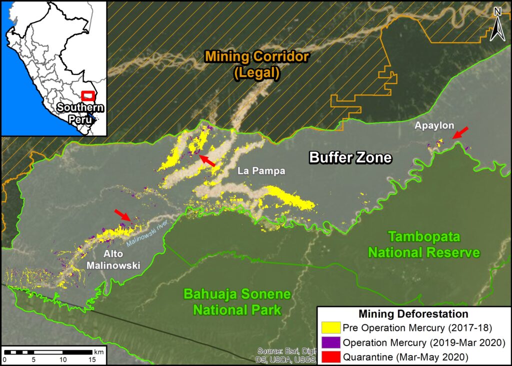 Base Map. Illegal gold mining deforestacion in the protected area buffer zones of the southern Peruvian Amazon, 2017-2019. Data: MAAP. Click to enlarge image.