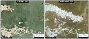 Image 1. Rapid gold mining deforestation in La Pampa before Operation Mercury, between January 2017 (left panel) and February 2019 (right panel). Data: Planet.