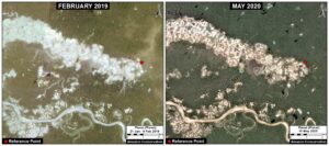 Image 2. Mining deforestation decreased in La Pampa after Operation Mercury, between February 2019 (left panel) and May 2020 (right panel). Data: Planet.