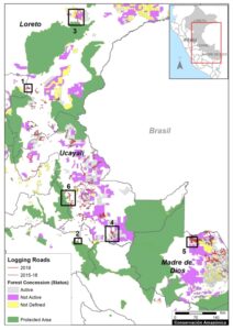 Base Map. 2019 Logging roads, in relation to 2015-18 logging roads. Data: MAAP.