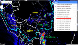 Base Map. Amazon fires in relation to Pantanal fires as seen in our Real-time Amazon Fire Monitoring app (September 6). Red indicates most severa fires. Data: MAAP/ACCA.