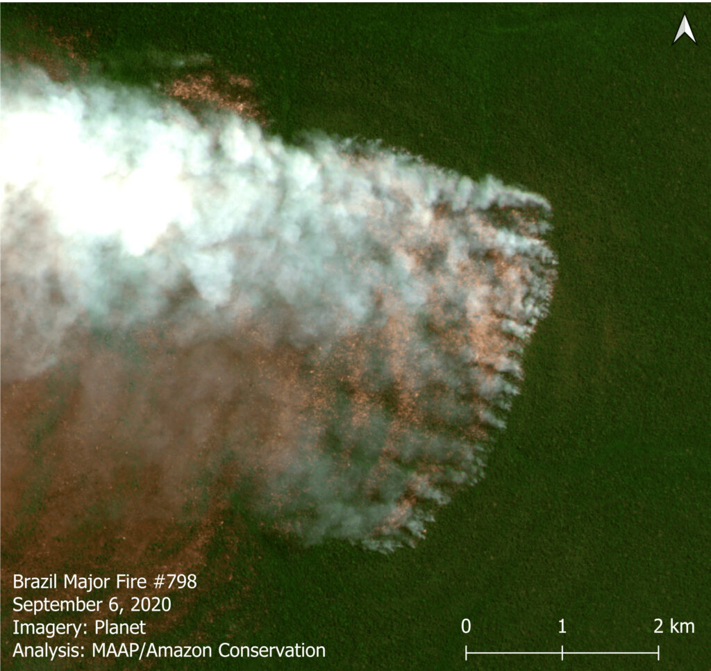 A major forest fire in the Brazilian Amazon (Mato Grosso) on September 6, 2020. Data: Planet. Analysis: MAAP/ACCA, SERVIR.