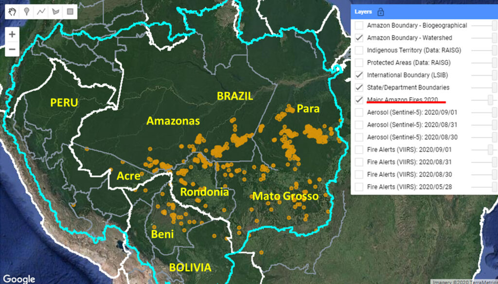 Screen shot of the app’s “Major Amazon Fires 2020” layer (as of September 1).