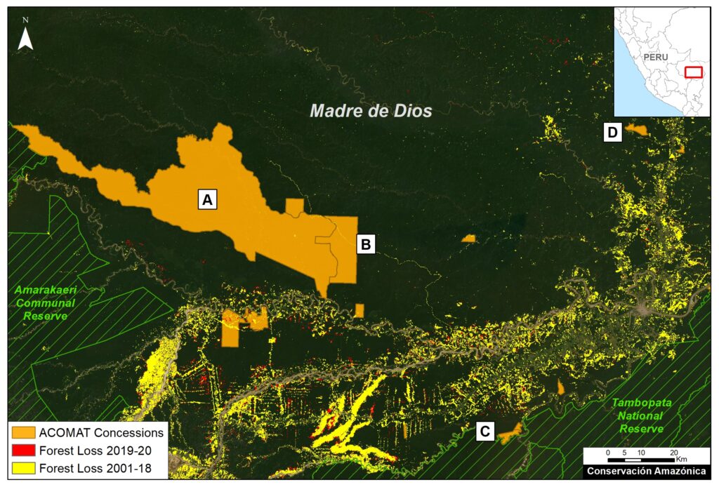 Base Map. ACOMAT concessions. Data: ACCA, MINAM/PNCBMCC, SERNANP.