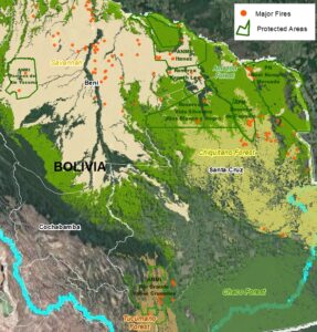 Major Fires in Protected Areas of the Bolivian Amazon in 2020. Data: MAAP/ACEAA.