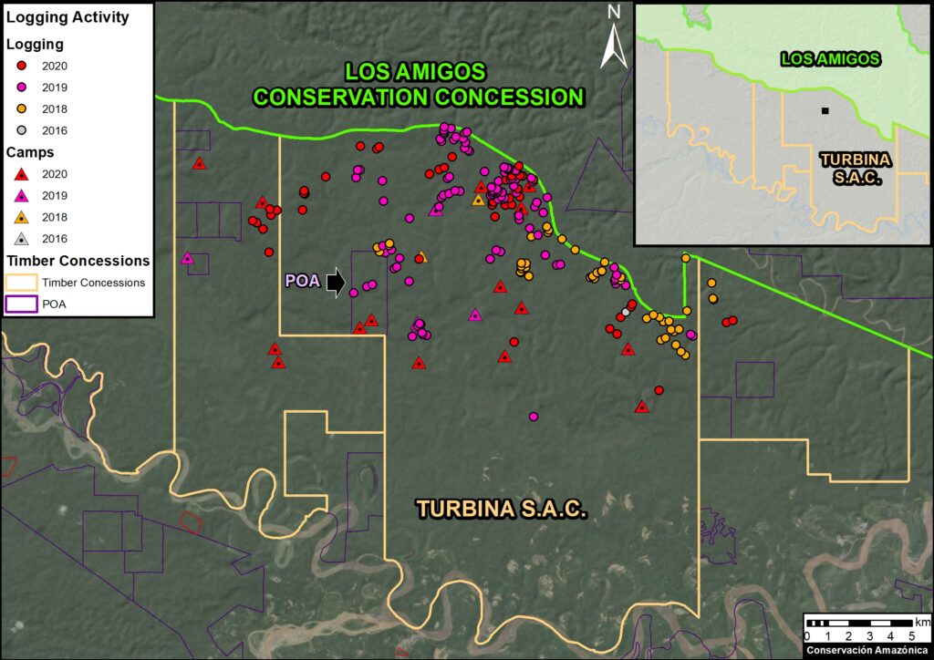 Base Map. Illegal logging activities in the Turbina SAC forestry concession. The size of the points is for reference only. Data: MAAP/Amazon Conservation.