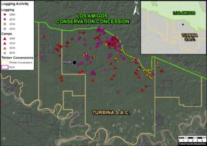 Base Map. Illegal logging activities in the Turbina SAC forestry concession. The size of the points is for reference only. Data: MAAP/Amazon Conservation.