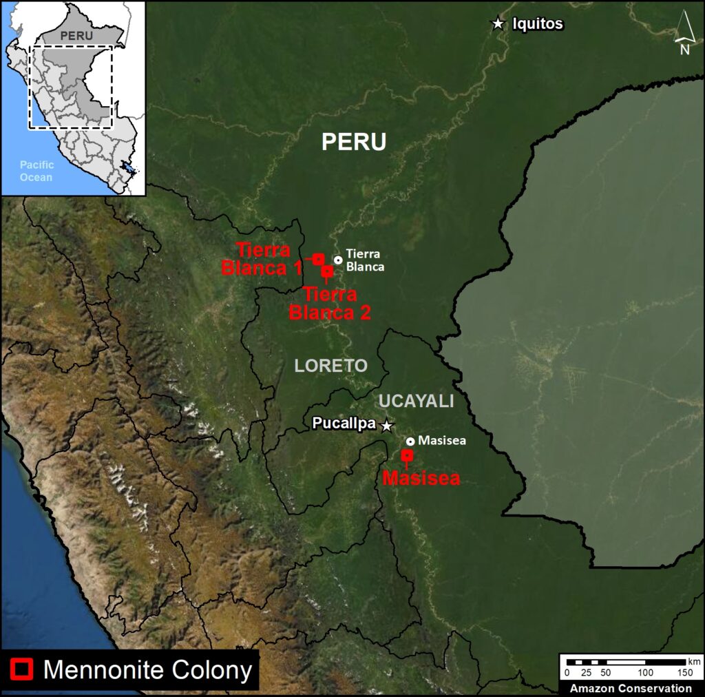 Base Map. Location of the three new Mennonite Colonies in the Peruvian Amazon. Data: MAAP.