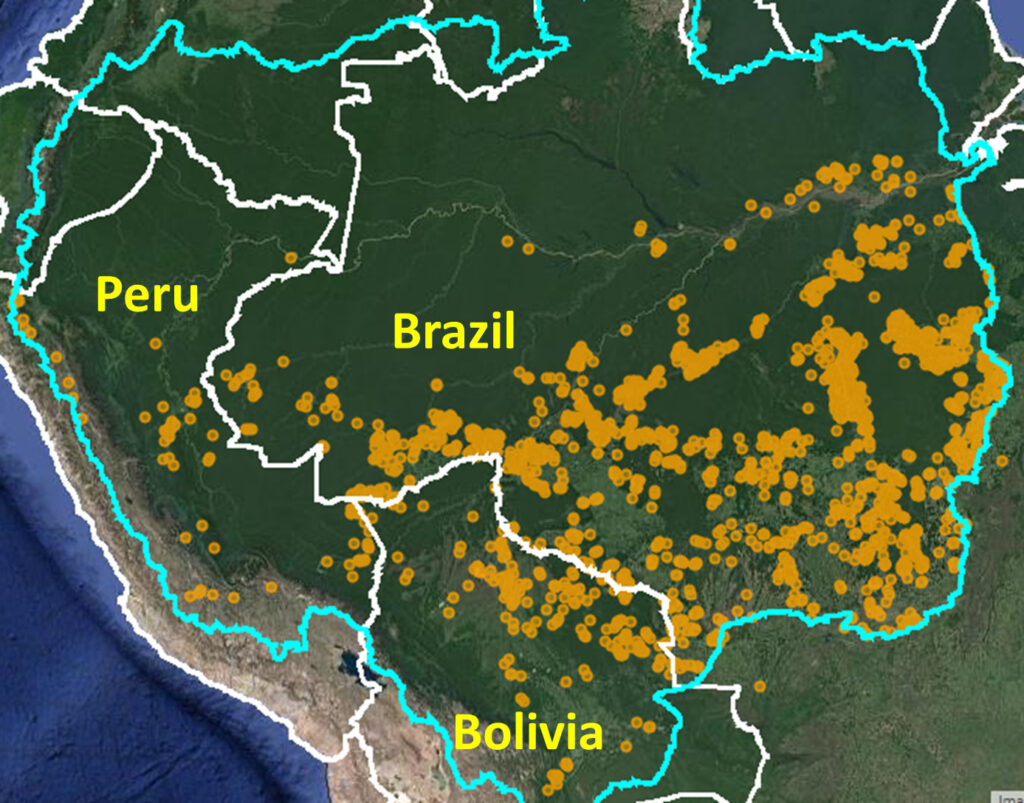 Base Map. Major Amazon fires 2020 (orange dots) within Amazon watershed (blue line). Data: MAAP.