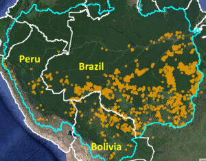 Base Map. Major Amazon fires 2020 (orange dots) within Amazon watershed (blue line). Data: MAAP.