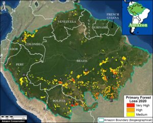 Base Map. Forest loss hotspots across the Amazon in 2020. Data: UMD/GLAD, RAISG, MAAP. The letters A-G correspond to the zoom examples below.