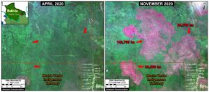 Zoom F. Forest fire in Bolivian Amazon (Santa Cruz) that burned over 260,000 hectares between April (left panel) and November (right panel) 2020. Data: ESA.