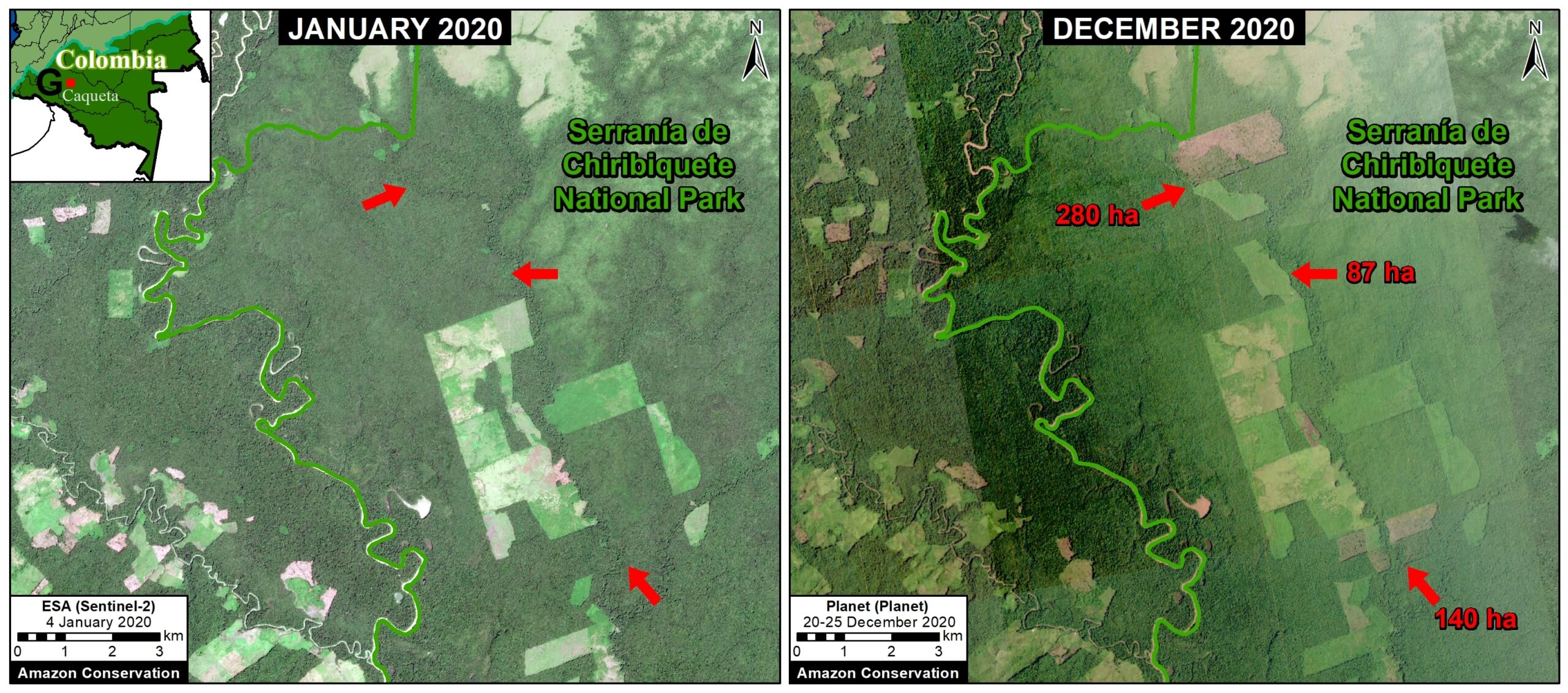 Zoom G. Deforestation in Colombian Amazon of over 500 hectares in Chiribiqete National Park between January (left panel) and December (right panel) 2020. Data: ESA, Planet.