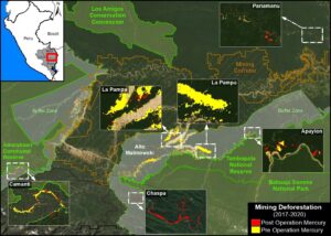 Base Map. Major gold mining fronts in the southern Peruvian Amazon before (yellow) and after (red) Operation Mercury. Data: MAAP.