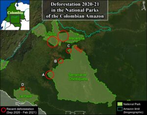 Base Map. Deforestation 2020-21 in the National Parks of the Colombian Amazon. Data: MAAP.