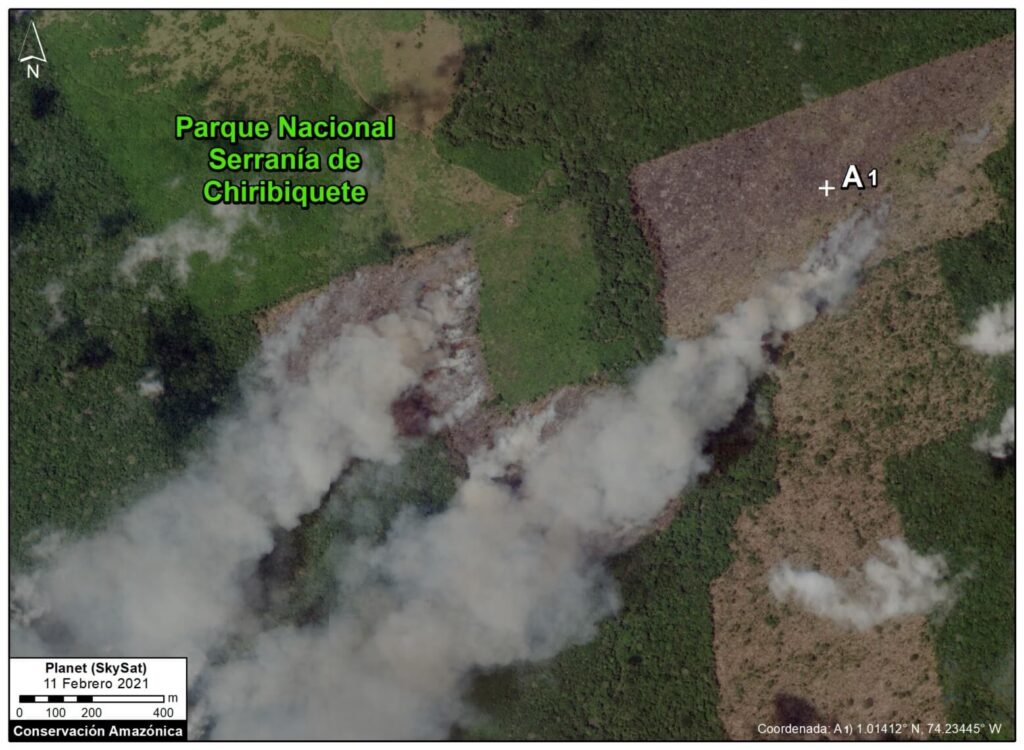 Fire inside Chiribuete National Park (February 11, 2021) burning recently deforested areas. Data: Planet (Skysat).