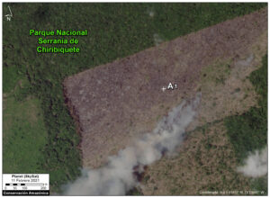 Zoom of fire inside Chiribuete National Park (February 11, 2021) burning recently deforested areas. Data: Planet (Skysat).