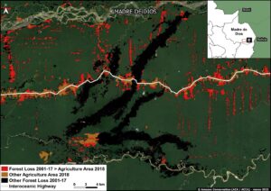 Zoom E. Mining and agriculture deforestation in southern Peru (Madre de Dios region). Data: MAAP, MIDAGRI, MINAM/Geobosques.