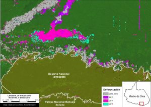 Image 21c. Analysis of deforestation. Data: CLASlite, Hansen/UMD/Google/USGS/NASA, SERNANP, USGS, WorldView-2 of Digital Globe (NextView).