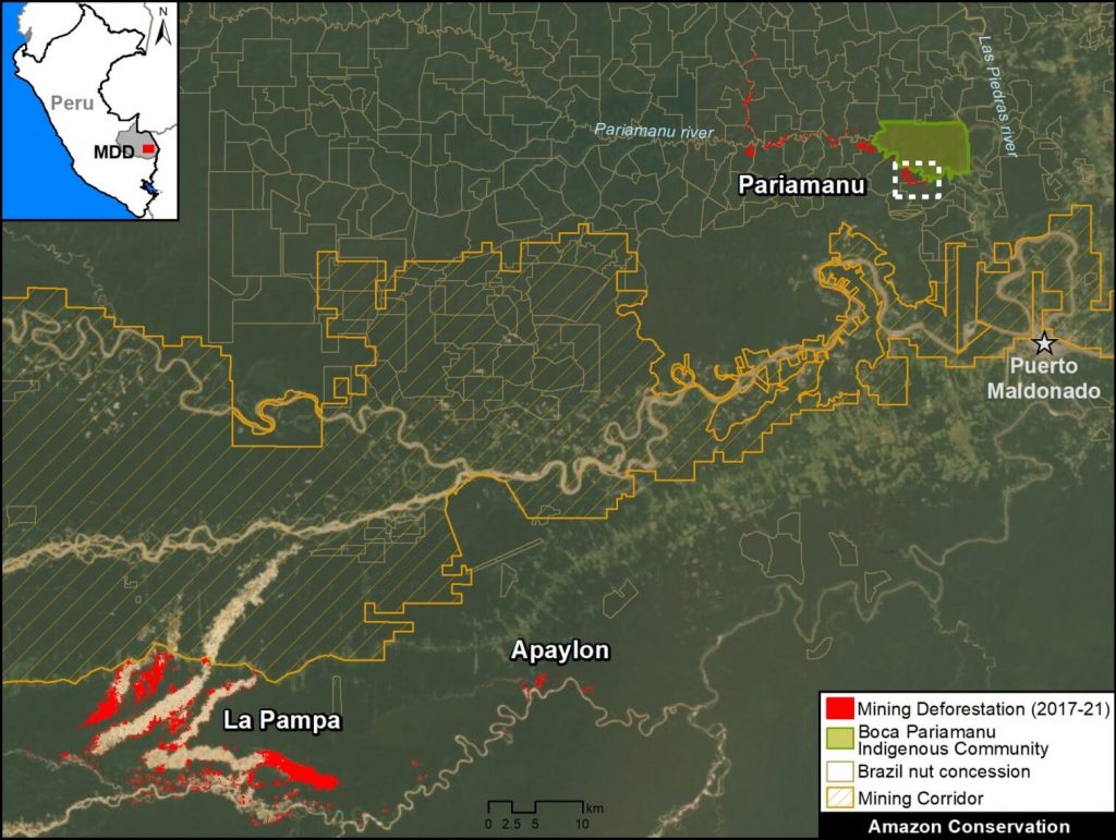 Base Map. Illegal gold mining deforestation along the Pariamanu river, in the context of La Pampa. Data: MAAP.