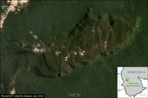 Satellite image of illegal mining camps atop Cerro Yapacana in Venezuela